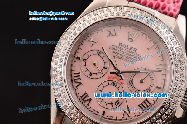 Rolex Daytona Oyster Perpetual Automatic Movement Silver Case with Beige Dial-Roman Markers and Pink Leather Strap-Diamond Bezel - Click Image to Close